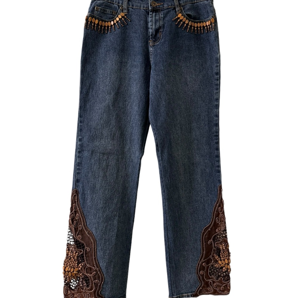 DG2 Diane Gilman Embellished Wood Beaded Net Jeans 6P